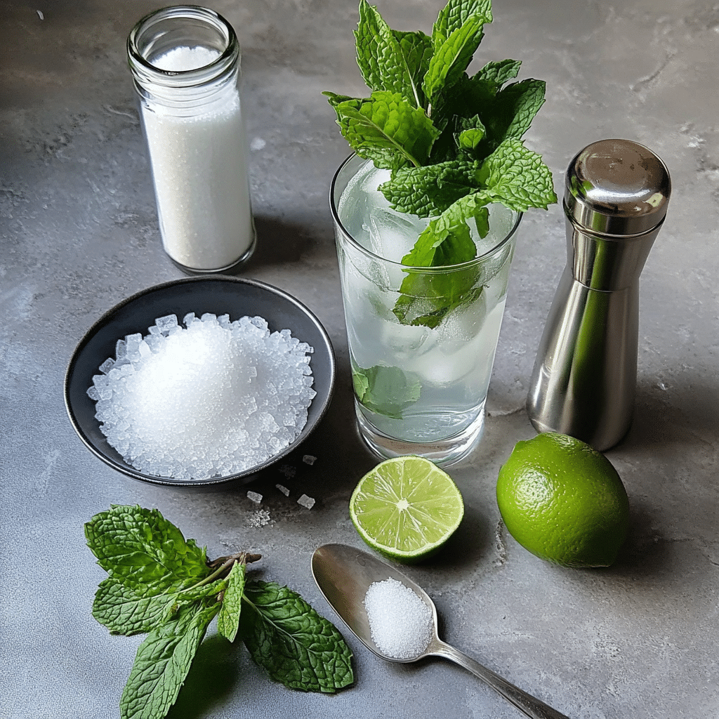 ingredients for mint julep style mocktail including mint lime sugar sparkling water and crushed ice