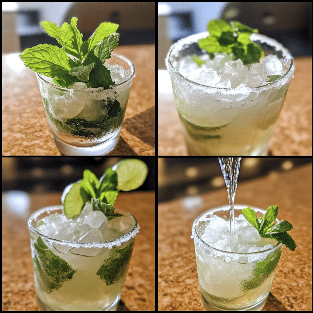 four panel collage showing steps to make mint julep style mocktail
