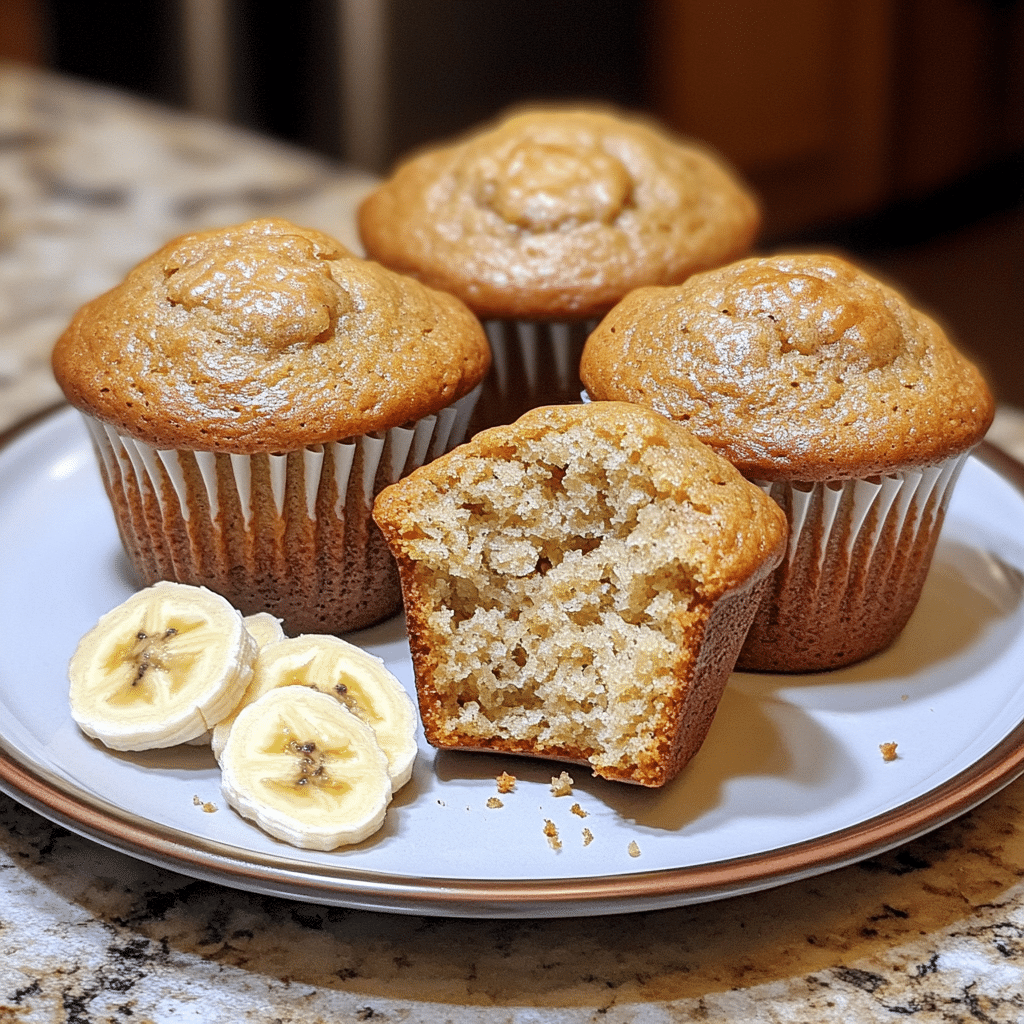 banana bread muffins with domed tops and a muffin split open showing moist crumb