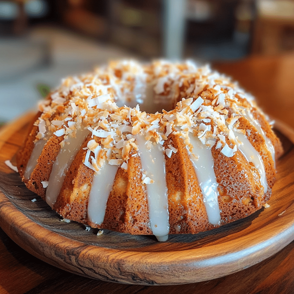 Close-up of a coconut bundt cake with glaze and shredded coconut topping