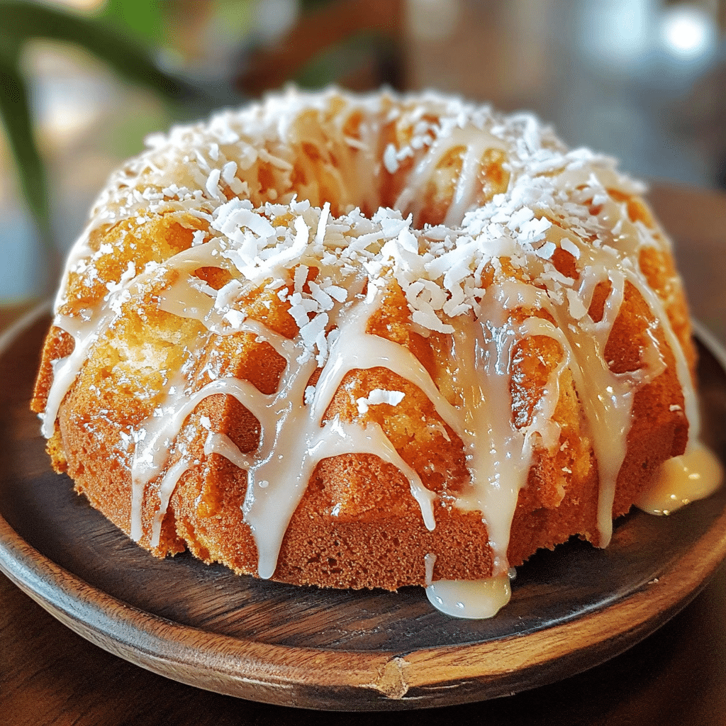 Close-up of a coconut bundt cake with glaze and shredded coconut topping