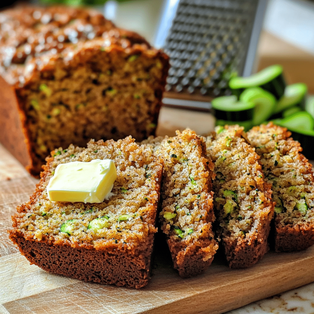 sliced zucchini bread loaf with moist speckled crumb on cutting board