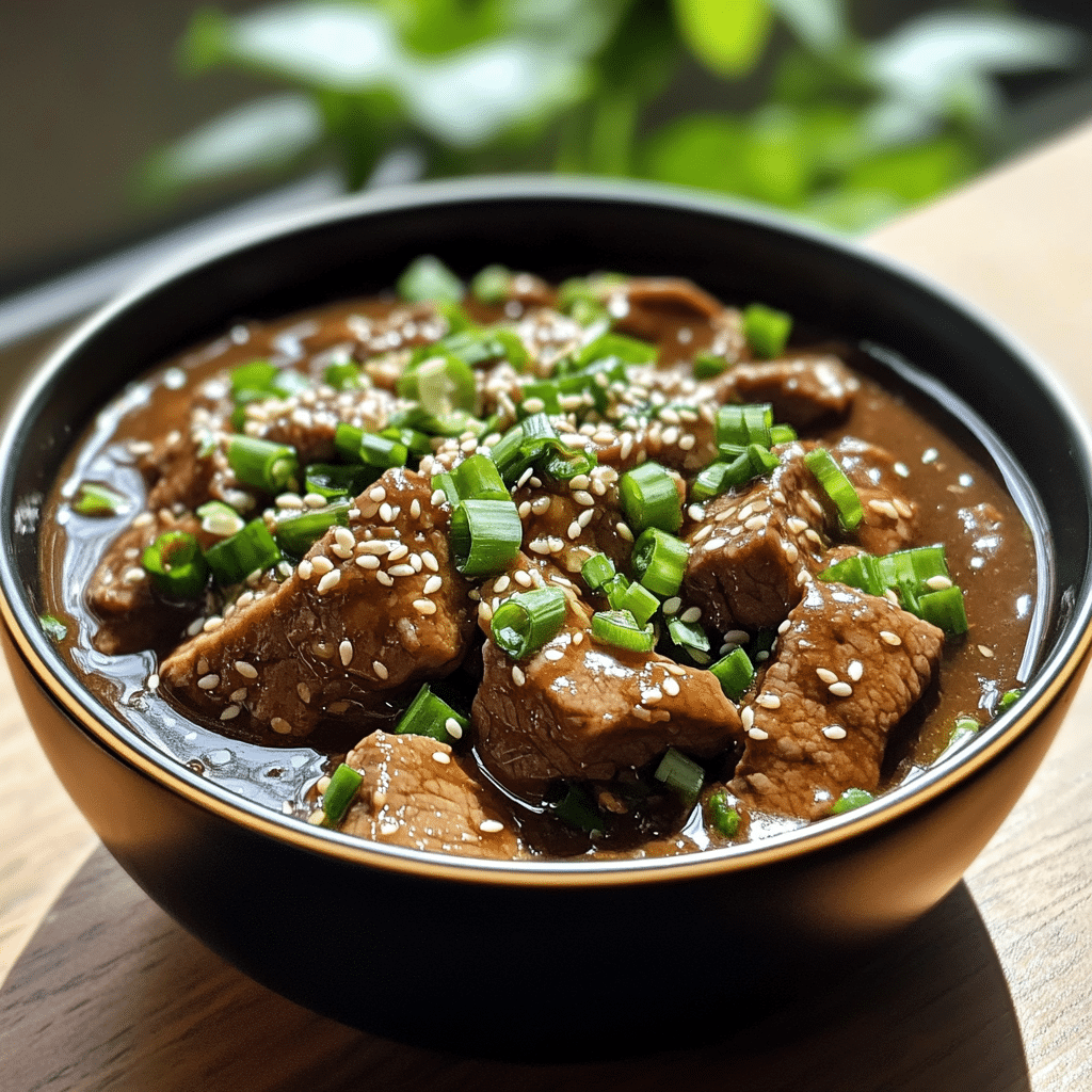 Mongolian beef with beef slices in savory sauce, topped with sesame and green onions