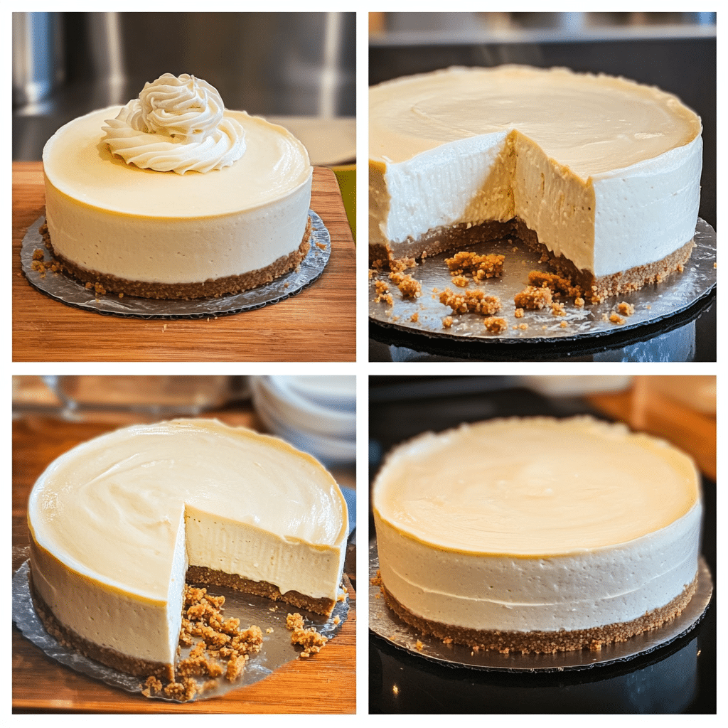Four-panel collage showing the process of making no-bake cheesecake