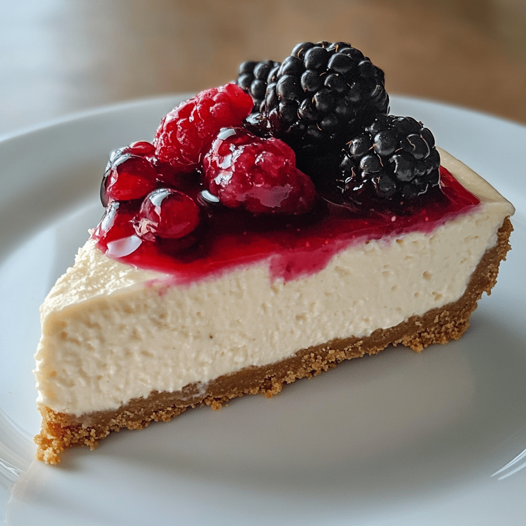Close-up of no-bake cheesecake topped with fresh berries and graham cracker crust