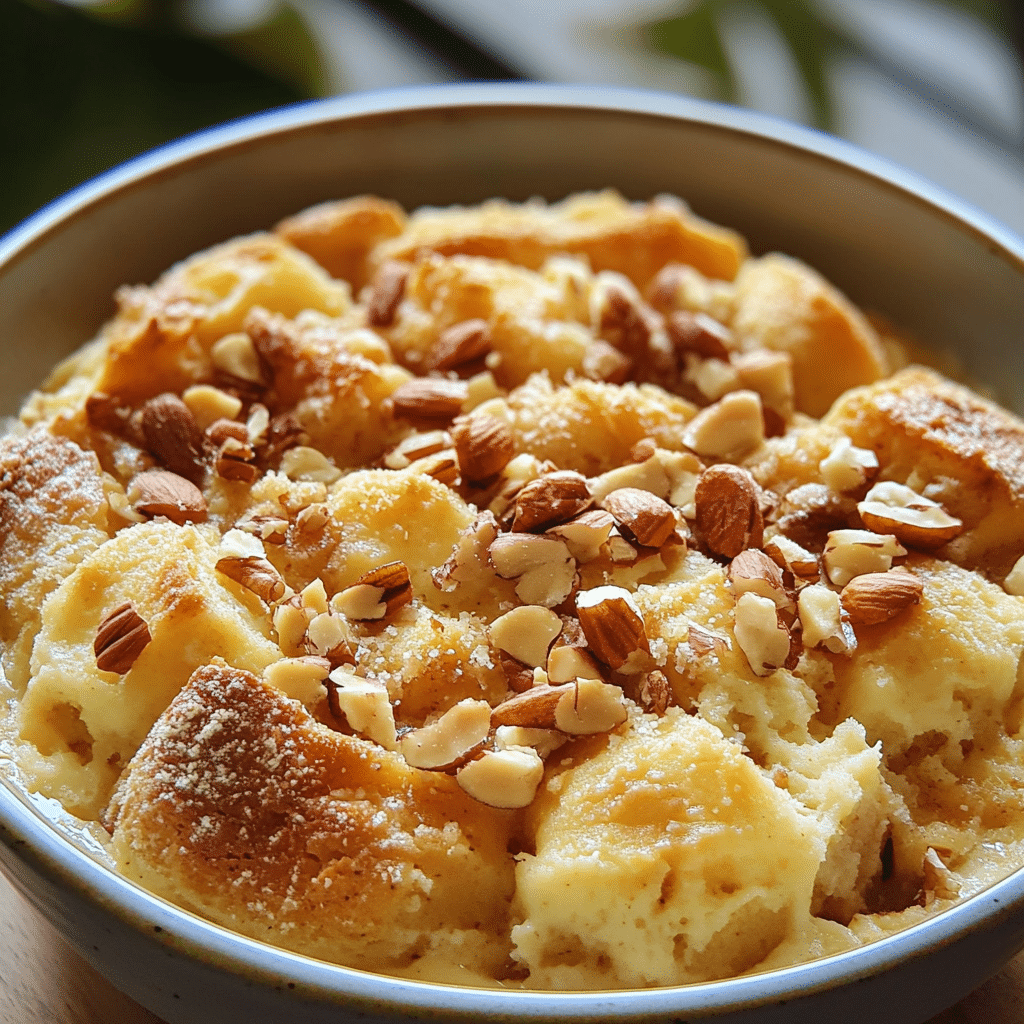 Close-up of Om Ali bread pudding, a Middle Eastern dessert with nuts and creamy layers