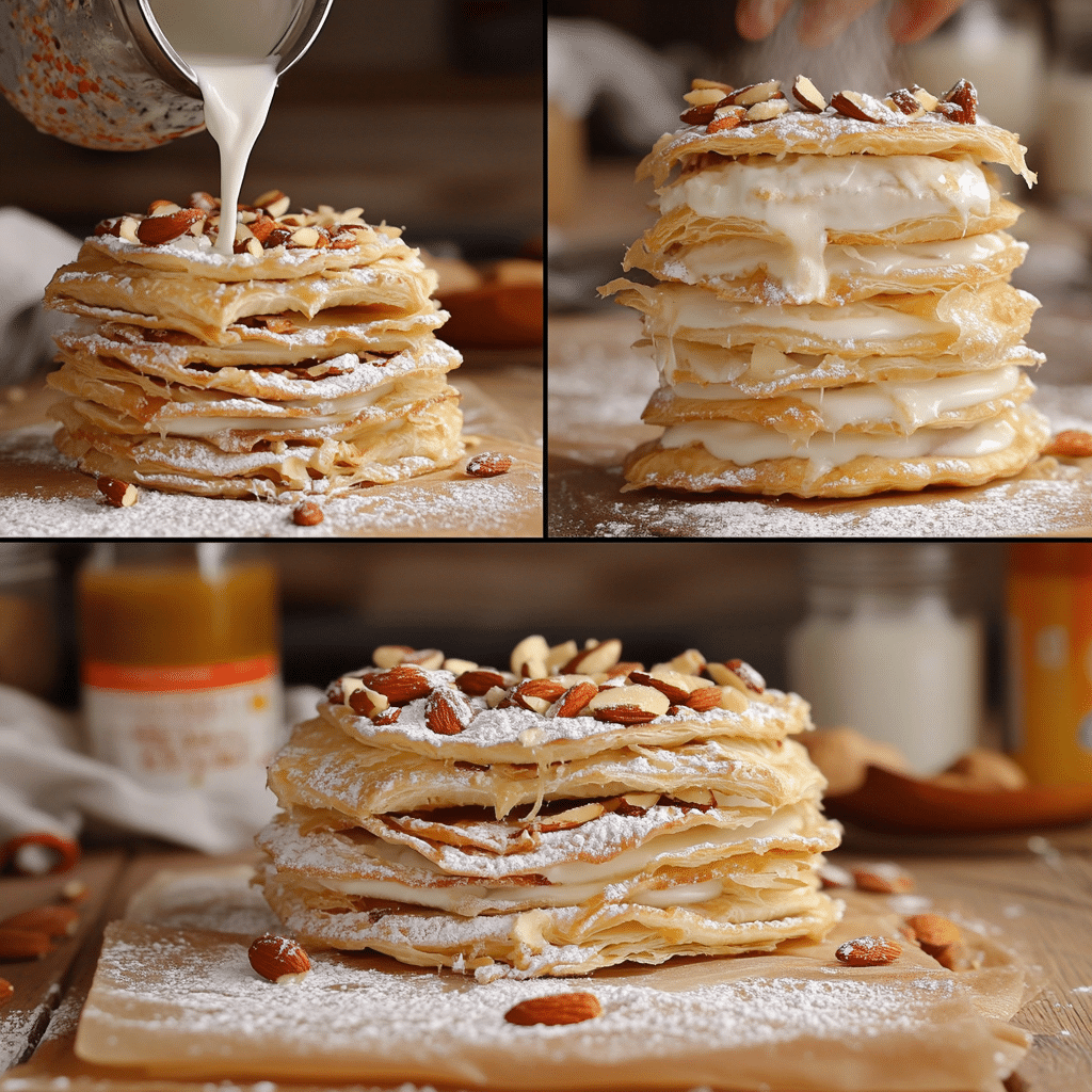 Four-panel collage showing the process of making Om Ali bread pudding