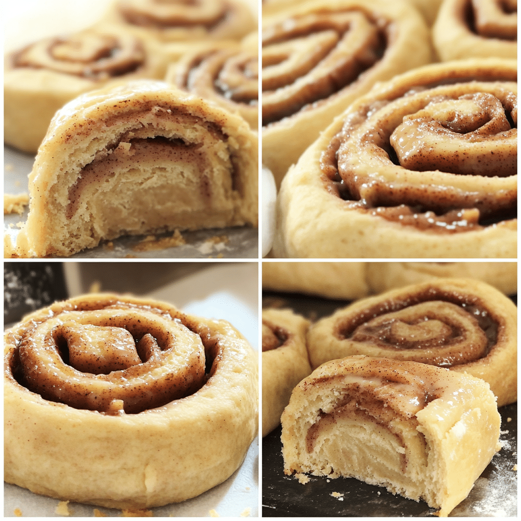 Four-panel collage showing the process of making overnight cinnamon rolls
