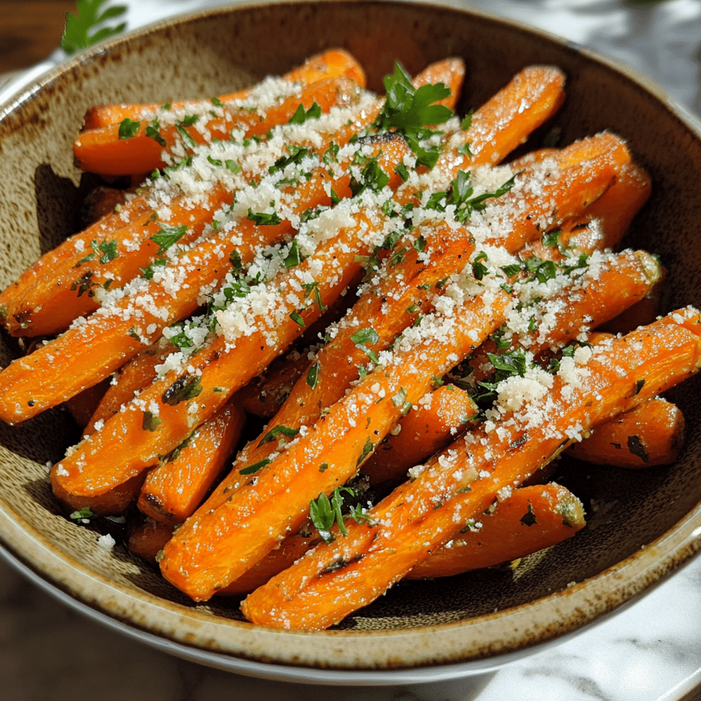 Roasted carrots with parmesan cheese and herbs on top