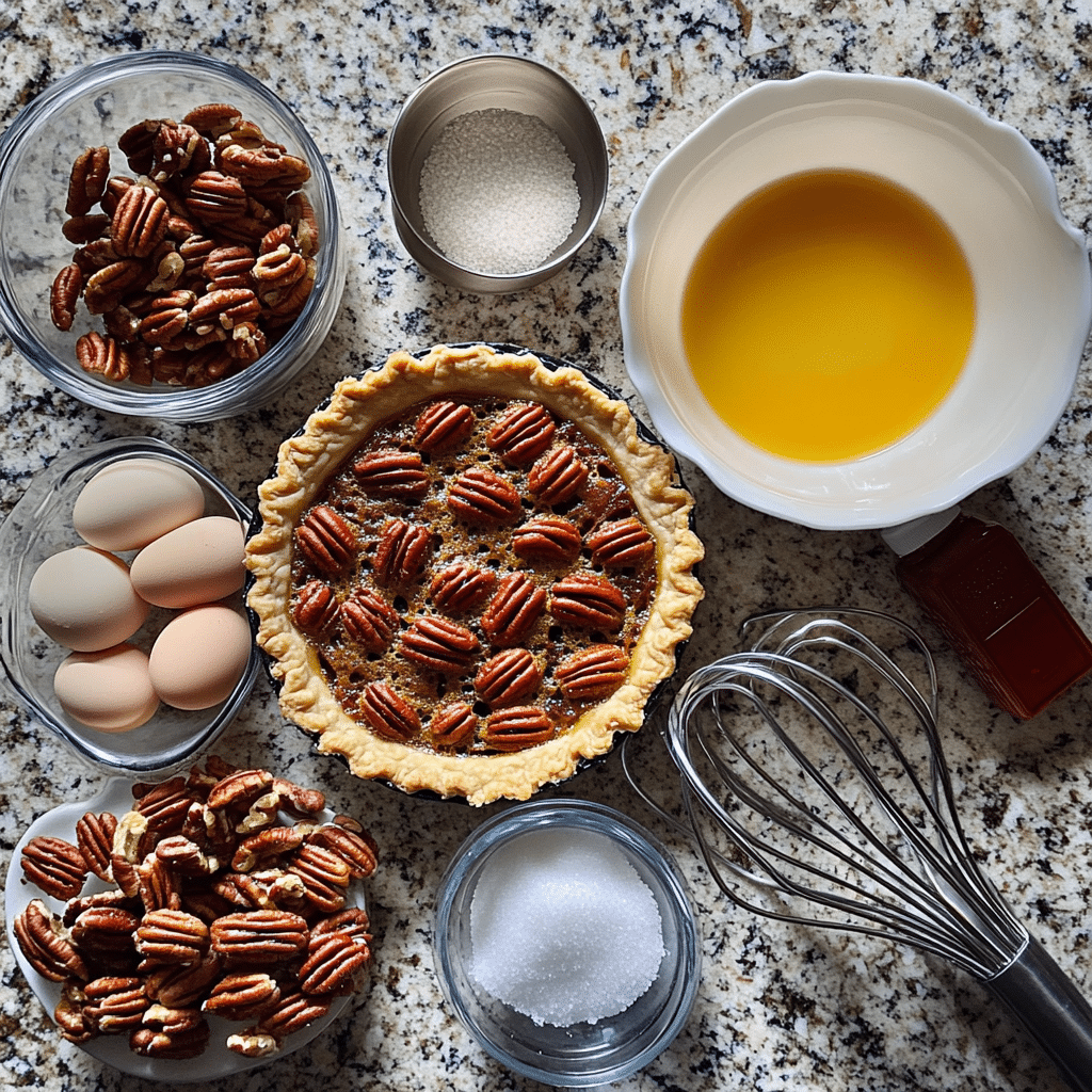 ingredients for pecan pie including pie crust pecans eggs brown sugar corn syrup butter vanilla and salt