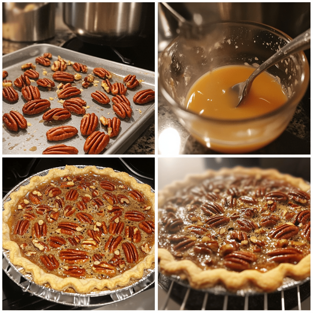 four panel collage showing steps to make pecan pie