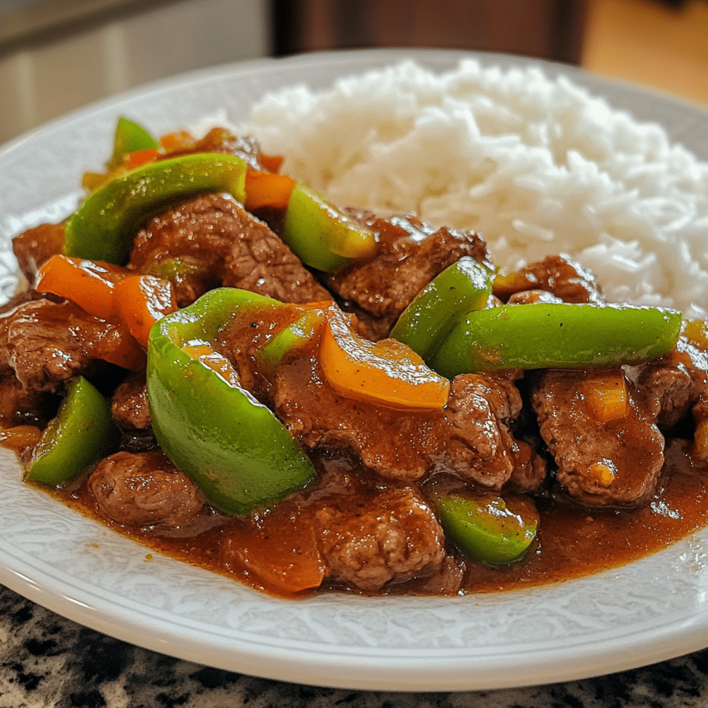 Pepper steak with green peppers and savory sauce served with rice