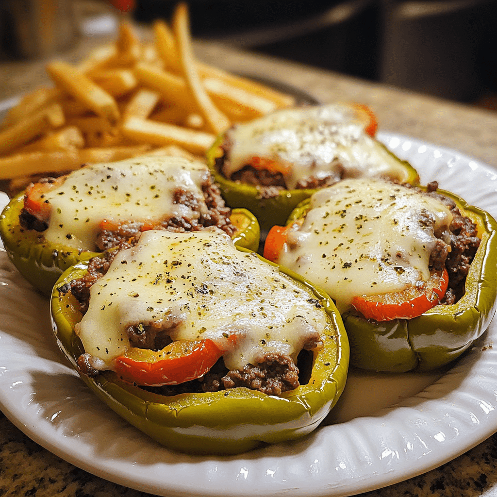 Philly cheesesteak stuffed peppers with beef, peppers, and cheese
