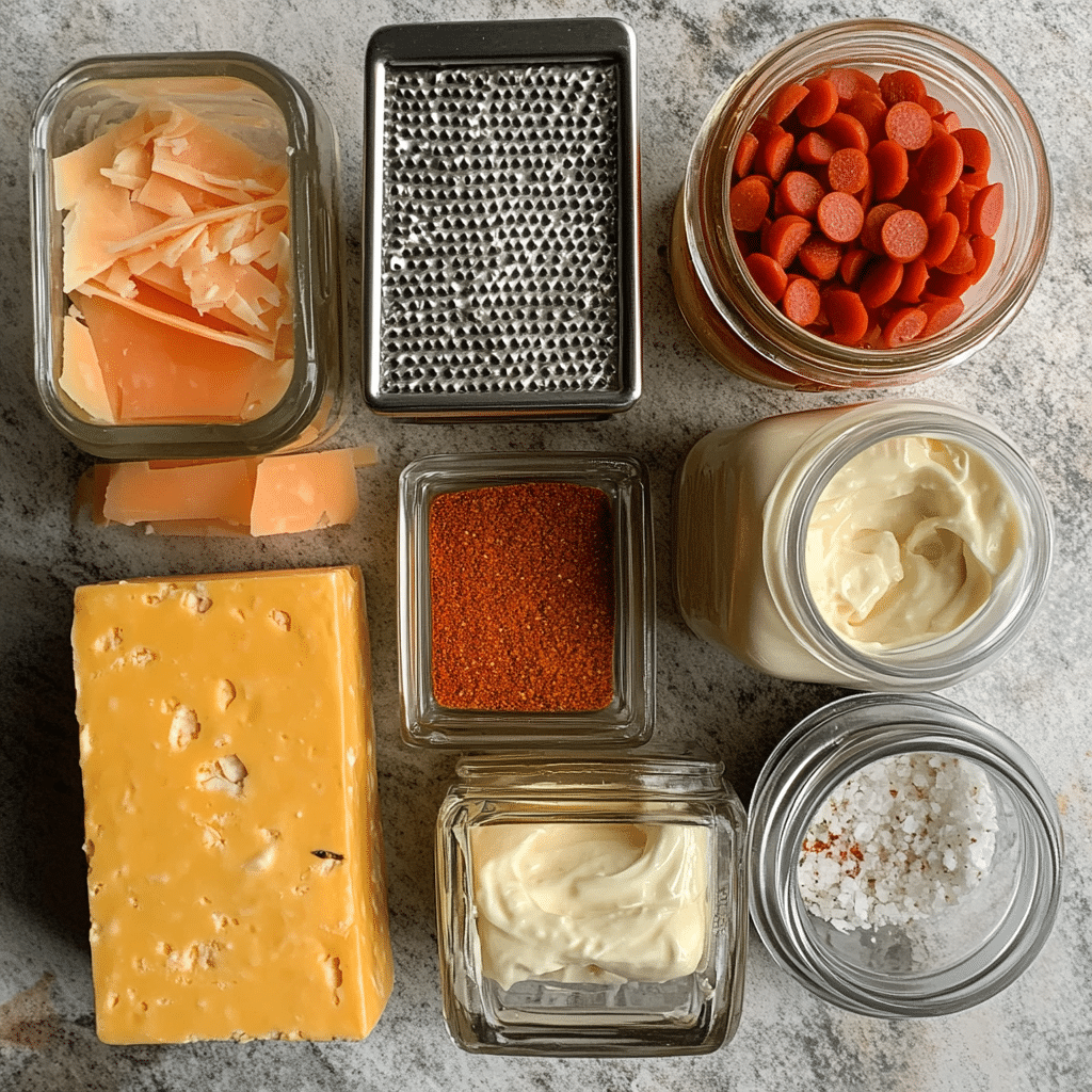 ingredients for pimento cheese including cheddar cream cheese mayonnaise pimentos and spices
