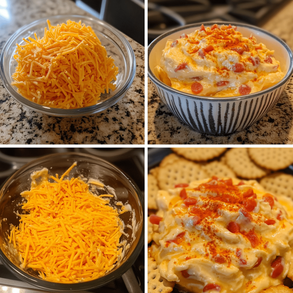 four panel collage showing steps to make pimento cheese