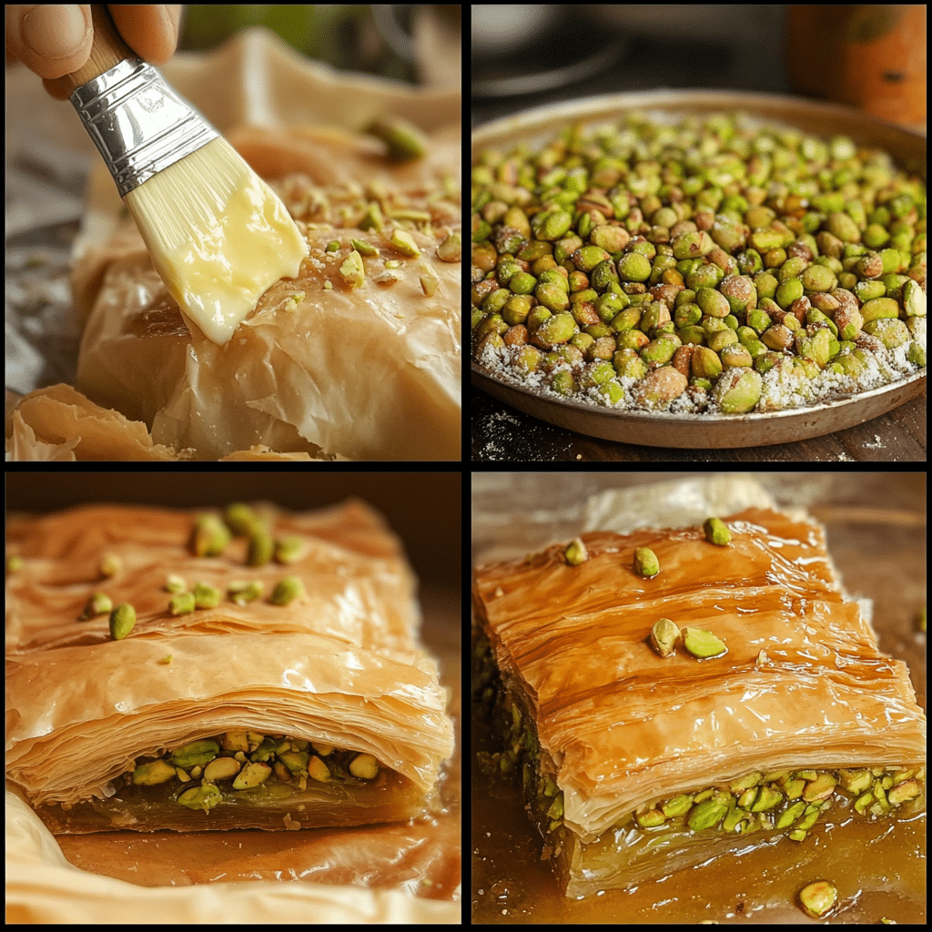 Four-panel collage showing the process of making pistachio baklava
