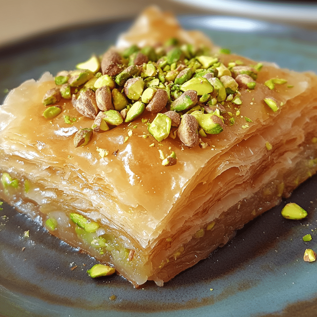 Close-up of pistachio baklava with golden, flaky layers and pistachios on top