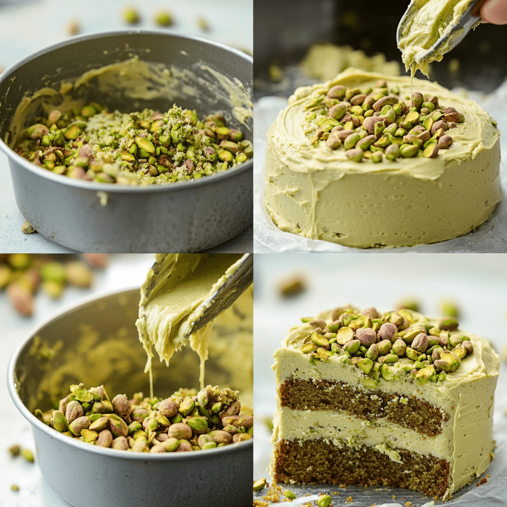 Four-panel collage showing the process of making pistachio cake
