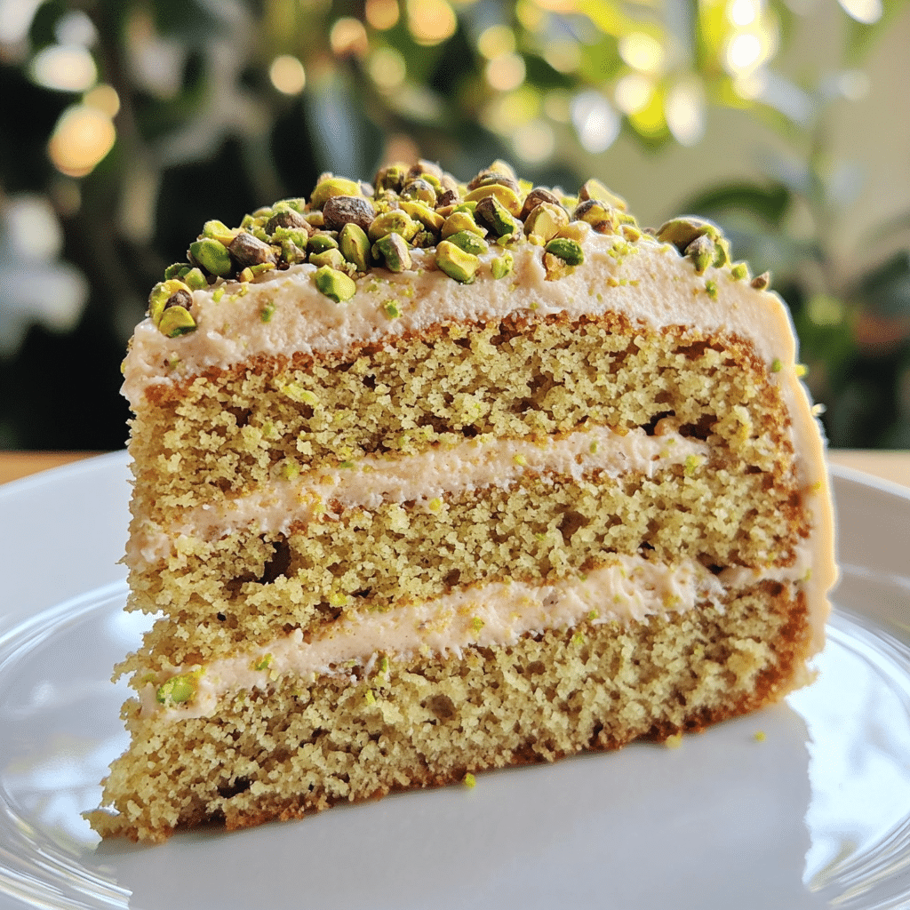 Close-up of pistachio cake with frosting and chopped pistachios