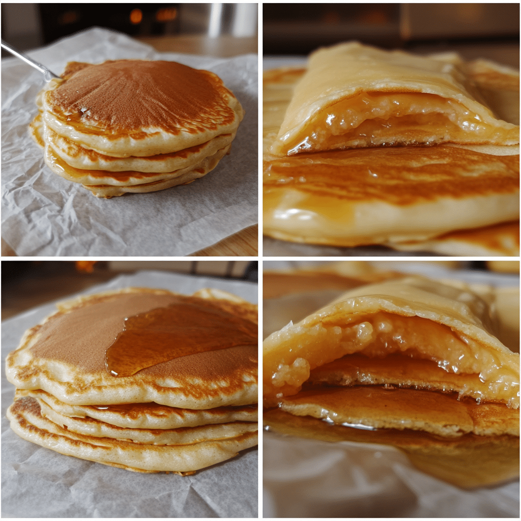 Four-panel collage showing the process of making qatayef stuffed pancakes