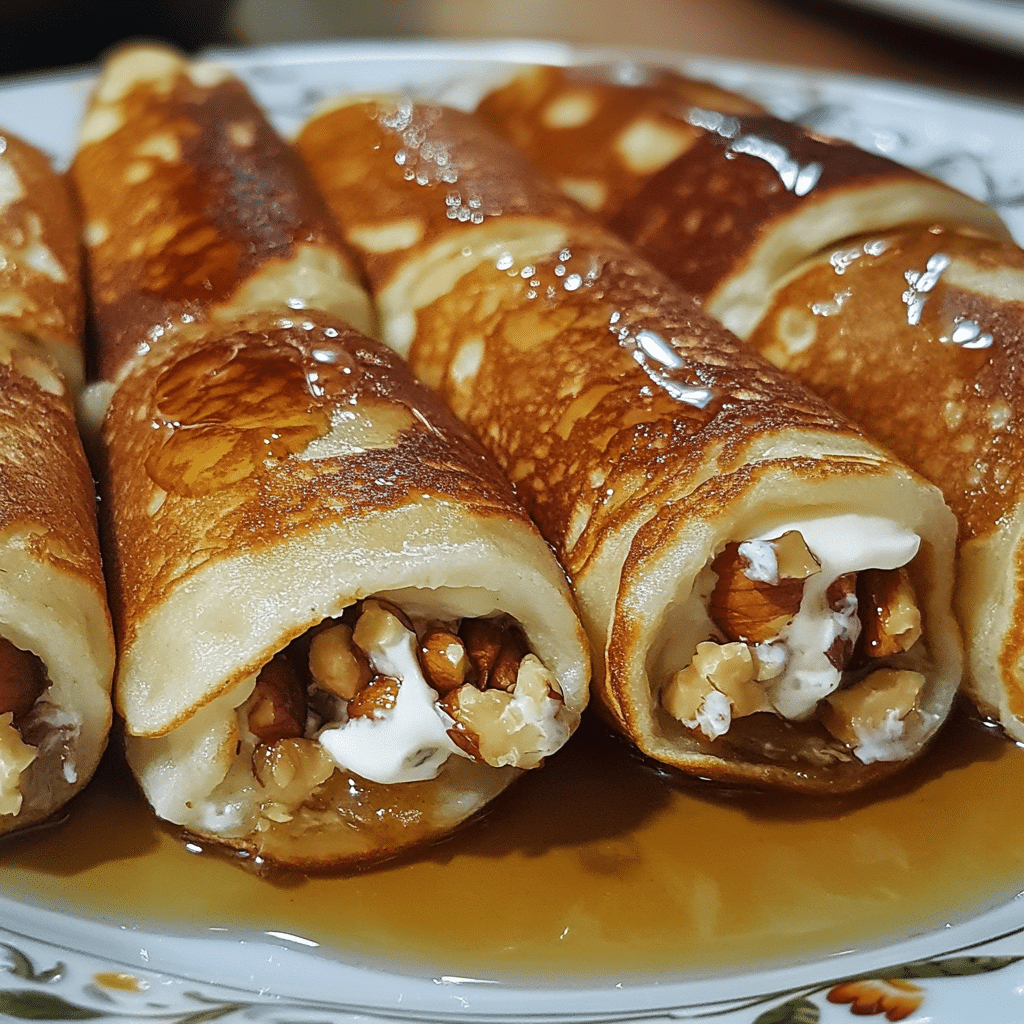 Close-up of qatayef stuffed pancakes, filled with cream or nuts and syrup drizzled on top