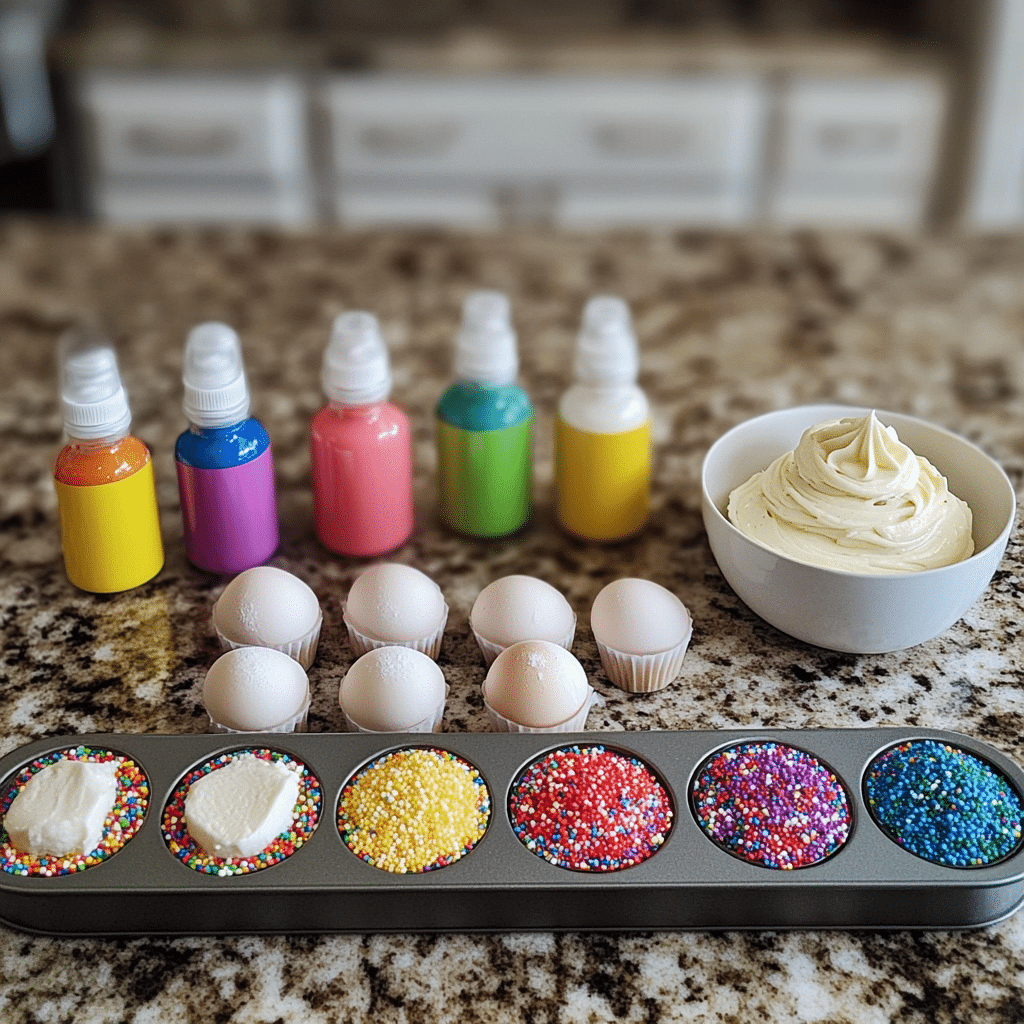 ingredients for rainbow cupcakes including flour sugar butter eggs milk vanilla gel food coloring frosting and sprinkles