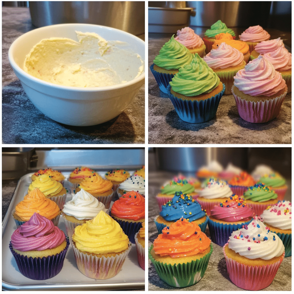 four panel collage showing steps to make rainbow cupcakes