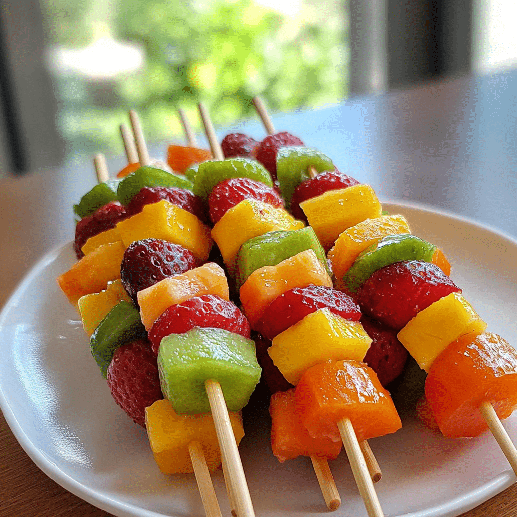 Rainbow fruit skewers with a variety of colorful fruits