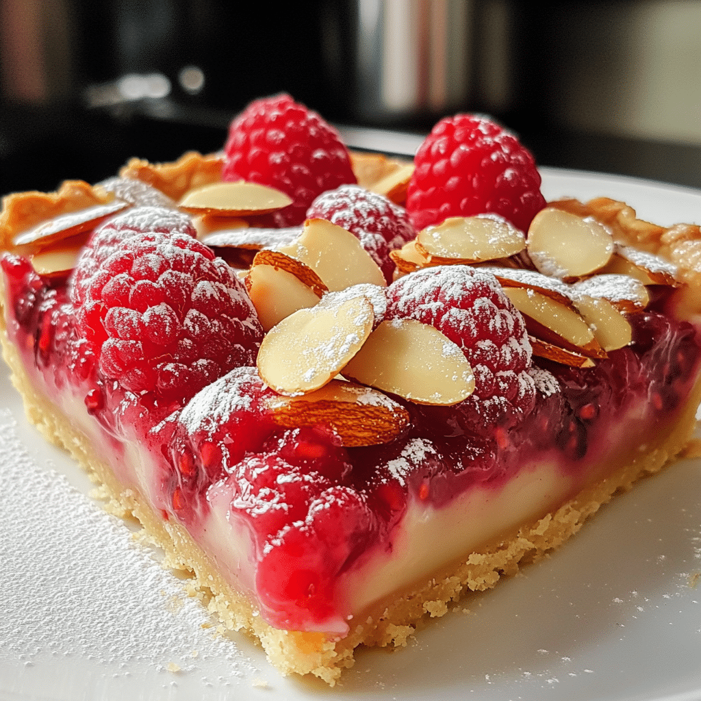 Slice of raspberry almond tart with fresh raspberries and powdered sugar