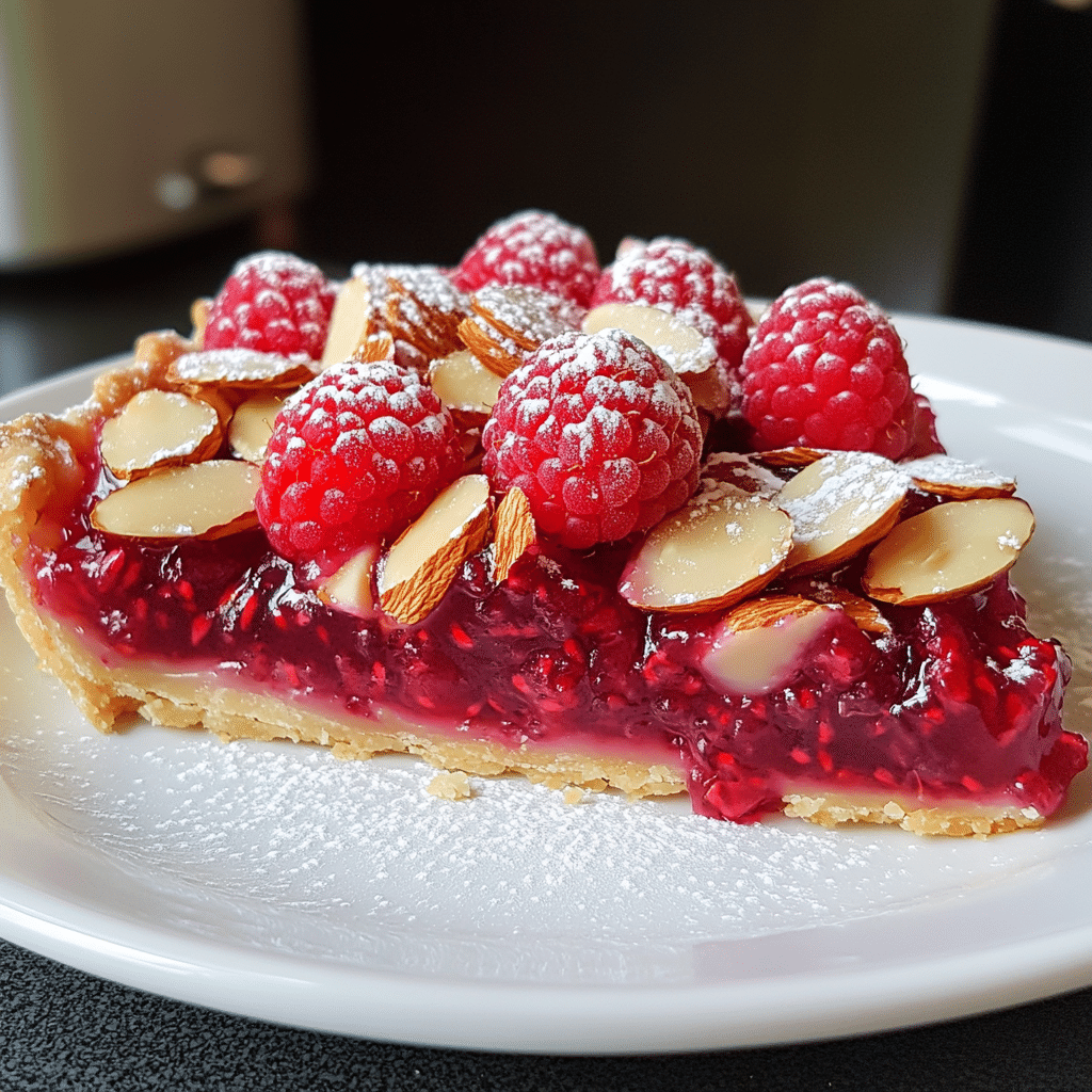 Slice of raspberry almond tart with fresh raspberries and powdered sugar