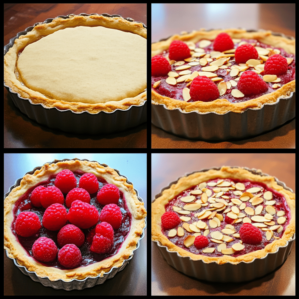 Four-panel collage showing crust in tart pan, almond filling mixing, raspberries arranged, and baked tart cooling