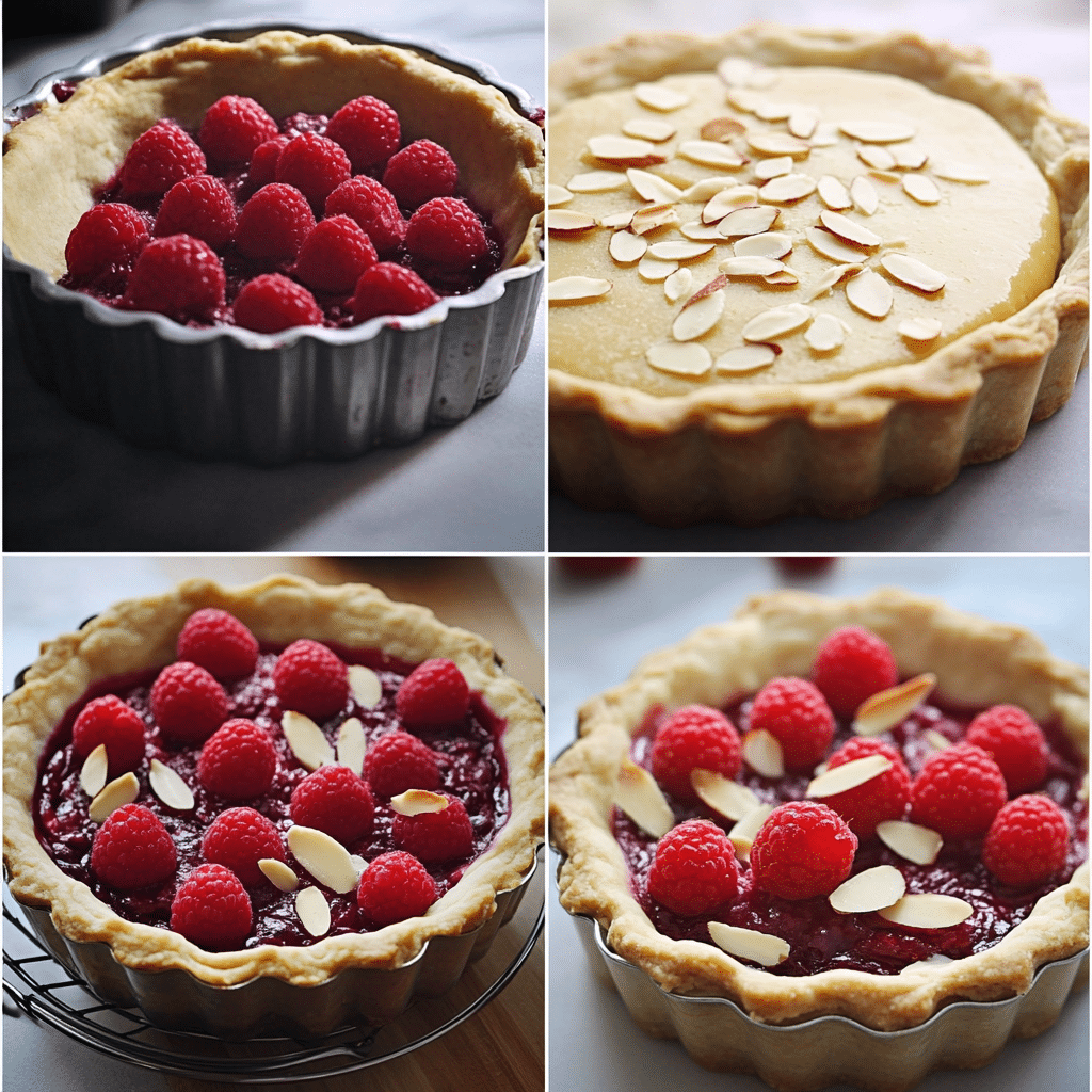 Four-panel collage showing crust in tart pan, almond filling mixing, raspberries arranged, and baked tart cooling