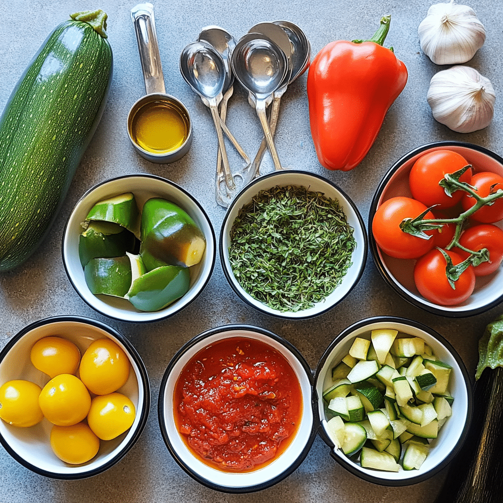 Ingredients for ratatouille including fresh zucchini, eggplant, tomatoes, onions, garlic, and herbs