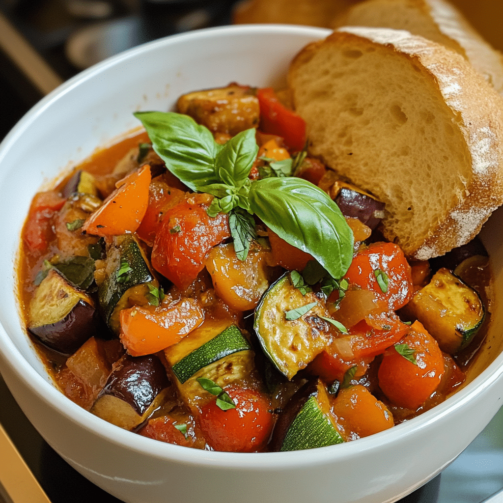 Ratatouille with roasted zucchini, eggplant, tomatoes, and bell peppers