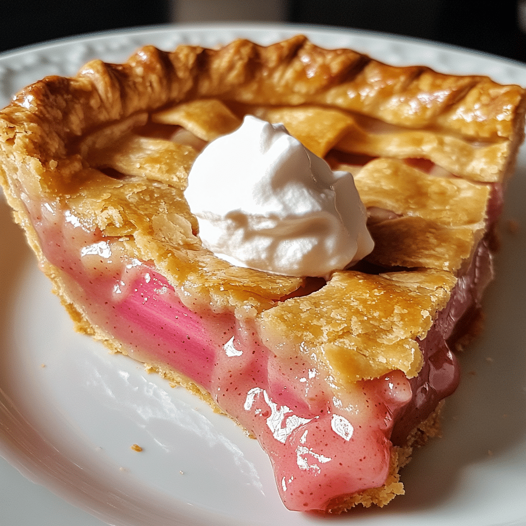 Rhubarb pie with a golden crust, showing pink rhubarb filling
