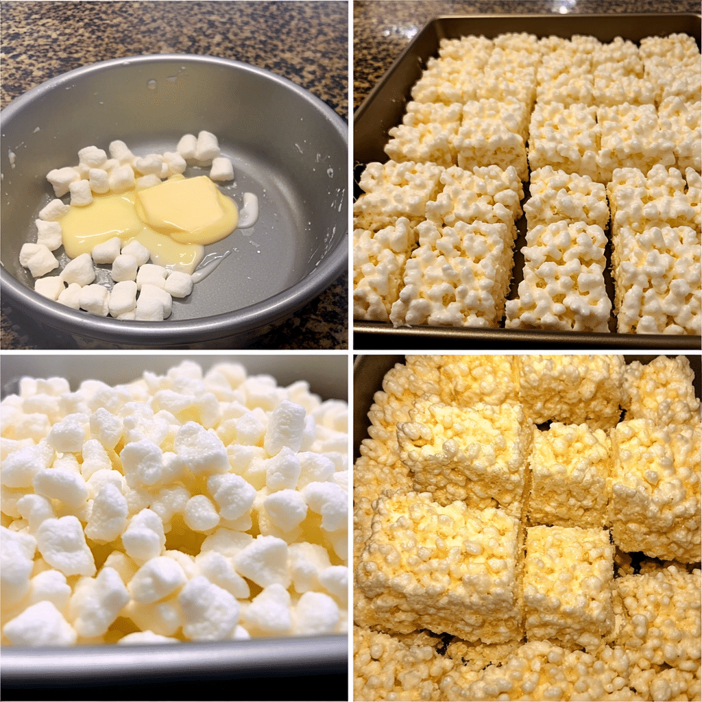 Four-panel collage showing the process of making Rice Krispie treats