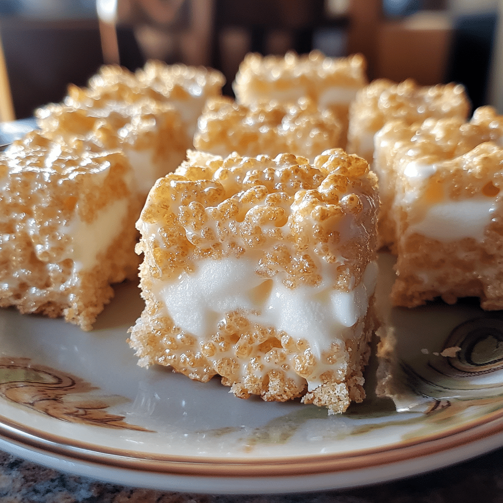 Close-up of Rice Krispie treats with marshmallow center and golden crust