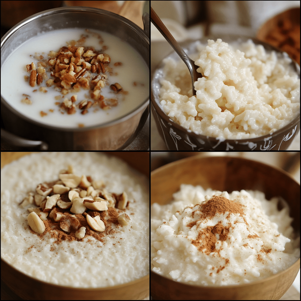 Four-panel collage showing the process of making rice pudding