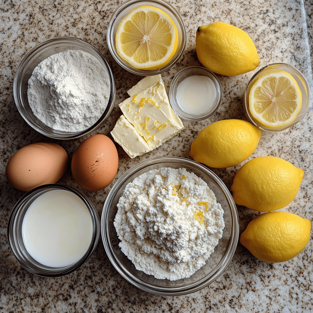 ingredients for lemon ricotta pancakes including ricotta eggs flour baking powder lemon milk and vanilla