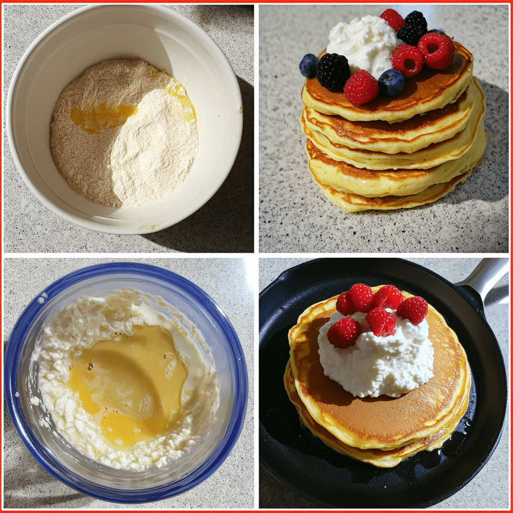 four panel collage showing steps to make lemon ricotta pancakes
