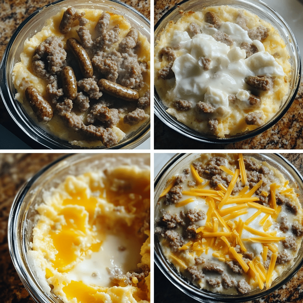 Four-panel collage showing the process of making sausage breakfast casserole
