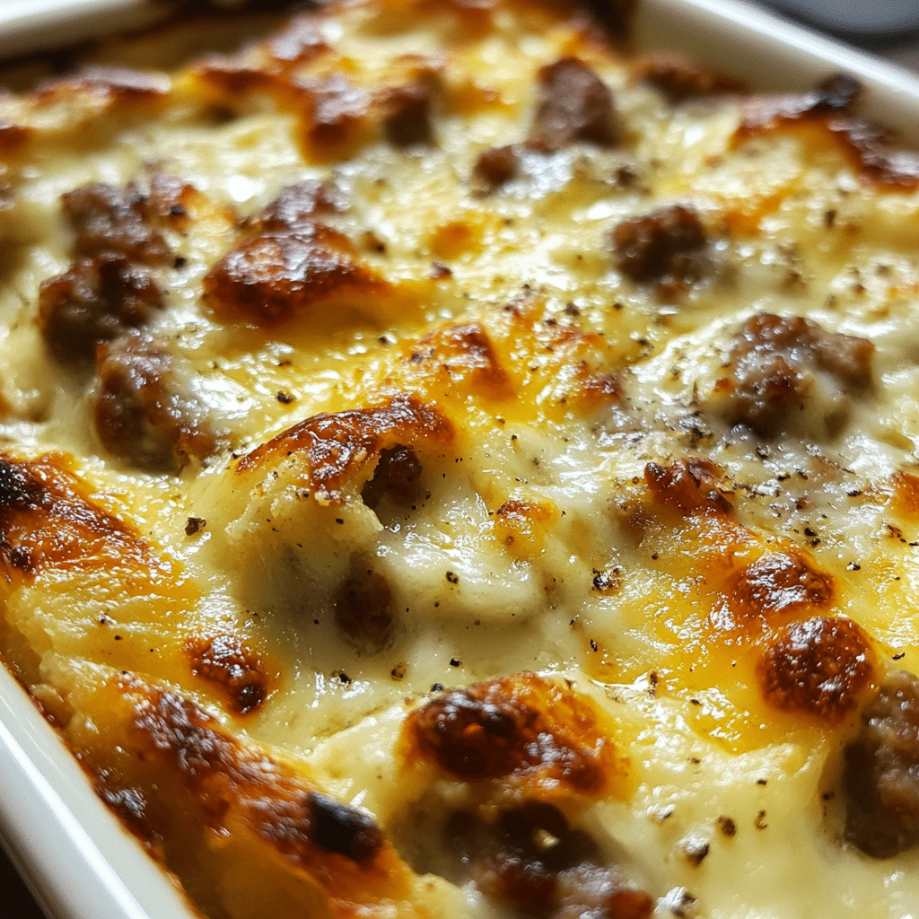 Close-up of sausage breakfast casserole, golden brown with cheese, turkey sausage