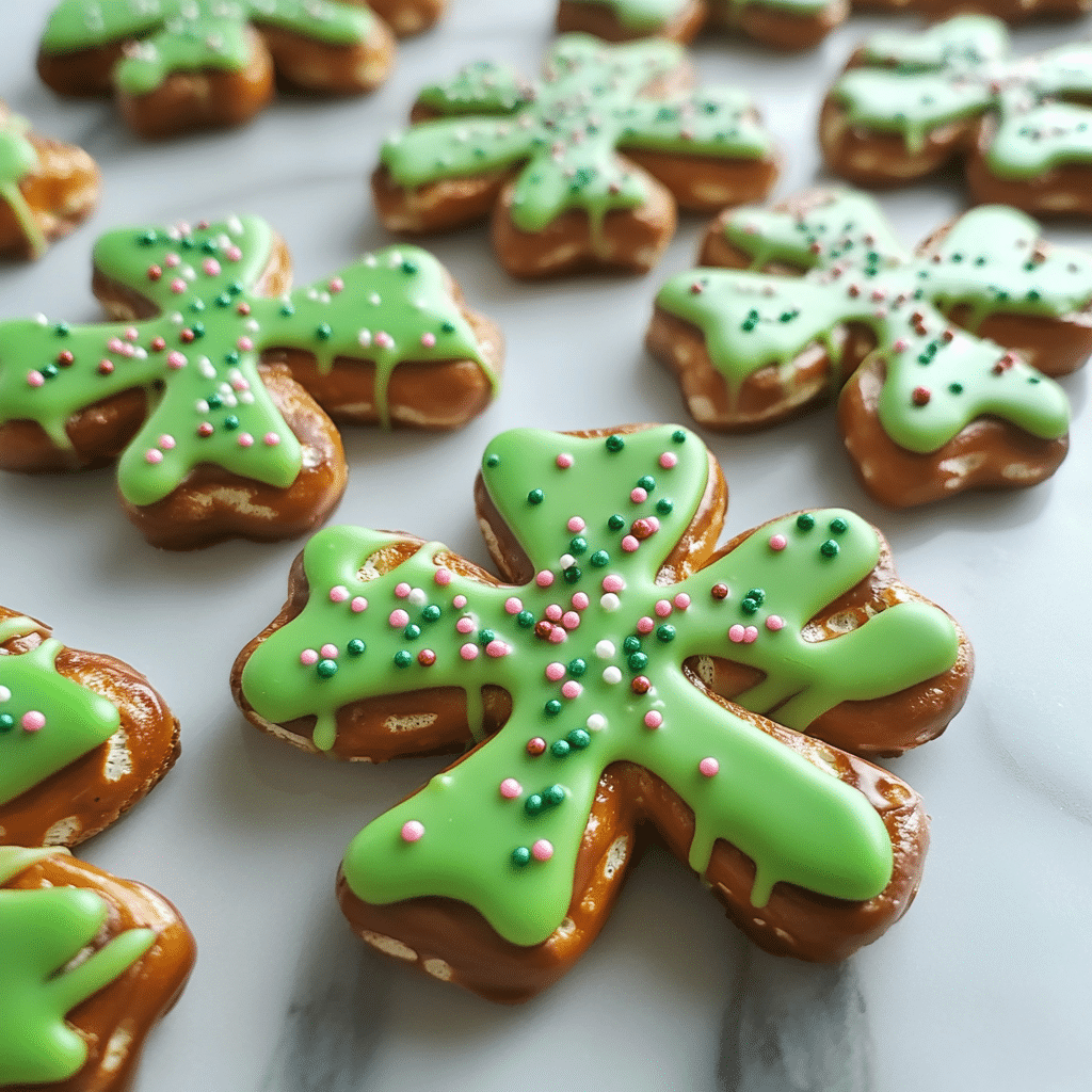 Shamrock-shaped pretzel treats decorated with green chocolate and sprinkles
