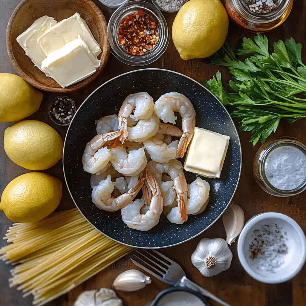 ingredients for shrimp scampi including shrimp garlic lemon butter broth parsley and pasta