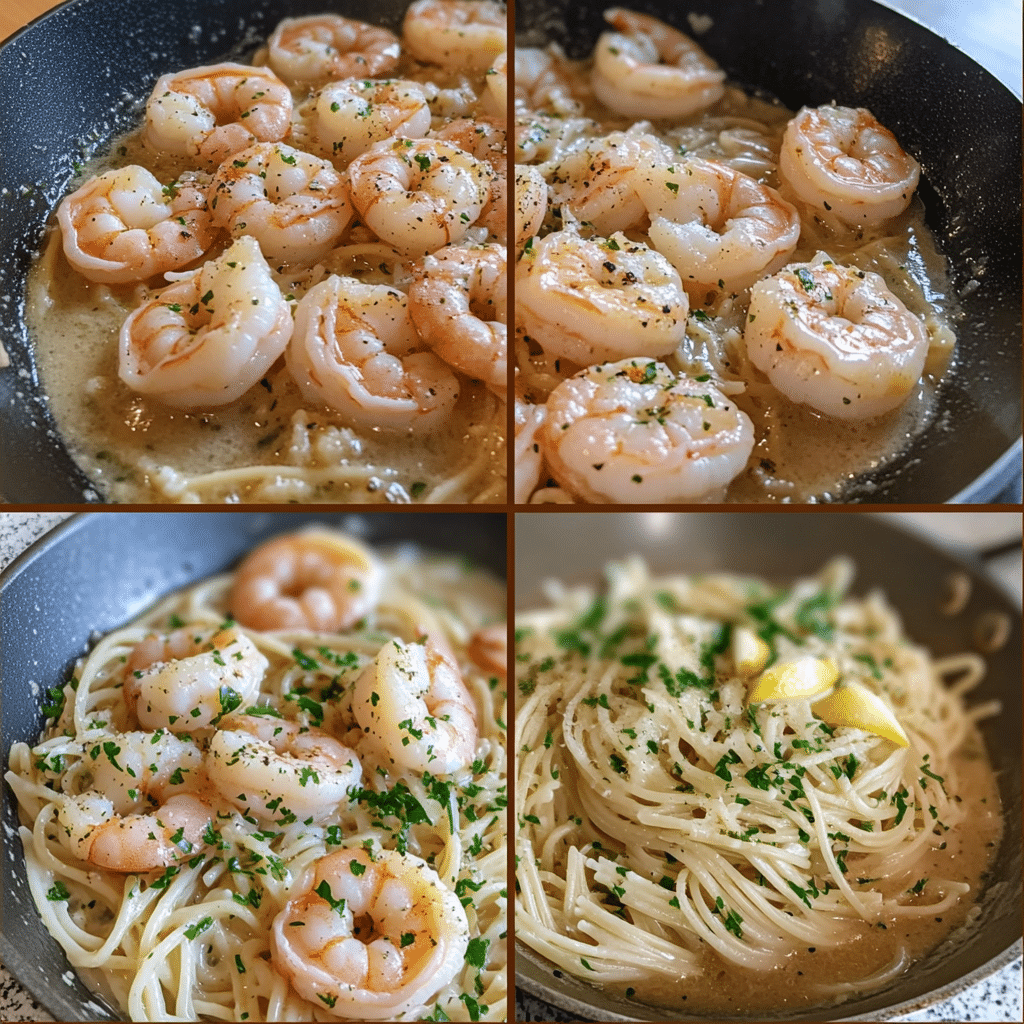 four panel collage showing steps to make shrimp scampi