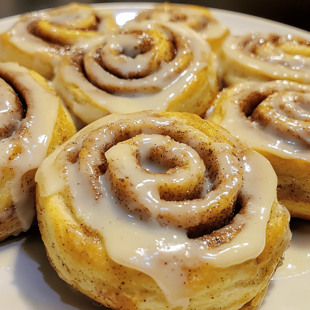 Close-up of soft, golden cinnamon rolls with a thick glaze, stacked on a plate
