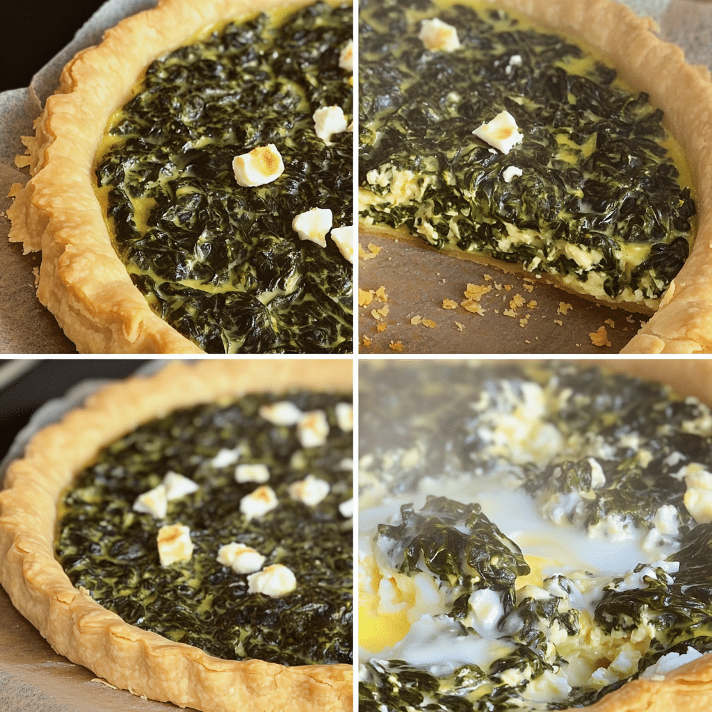 Four-panel collage showing the process of making spinach feta quiche