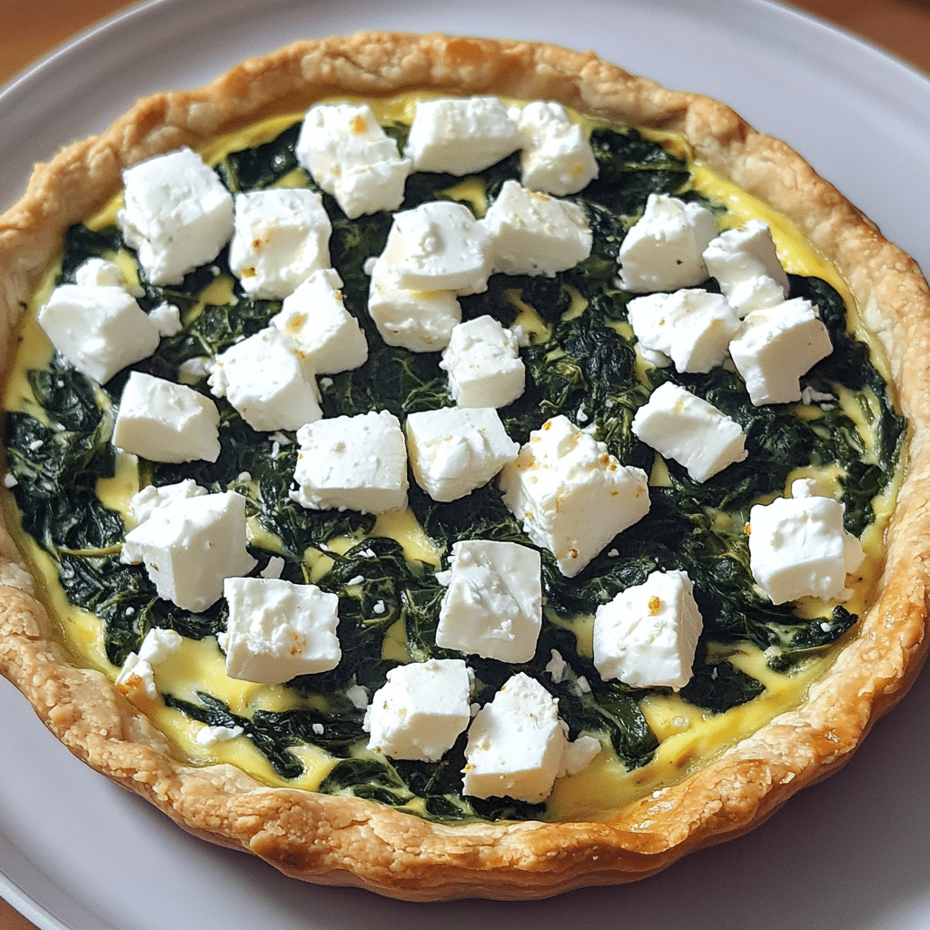 Close-up of spinach feta quiche, golden crust with spinach and feta cheese filling