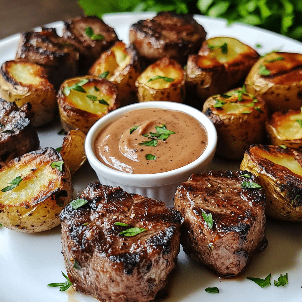 Steak bites with crispy potatoes and fresh herbs