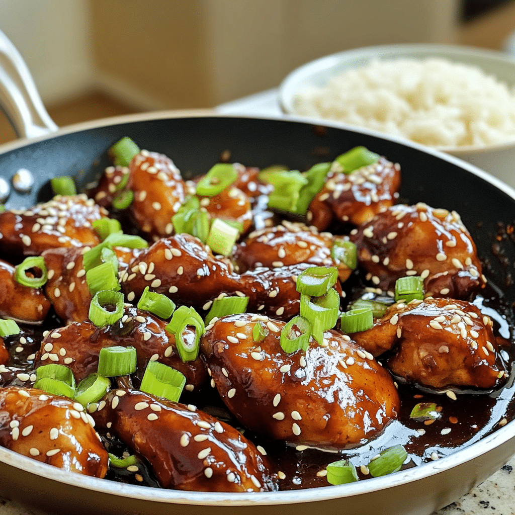 sticky glazed chicken pieces in a skillet with green onions and sesame seeds